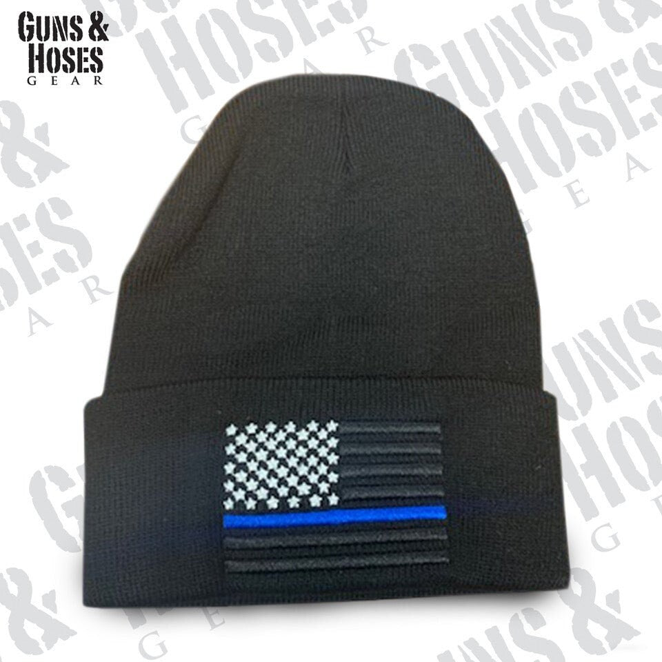 USA Flag Blue Line Embroidered Beanie