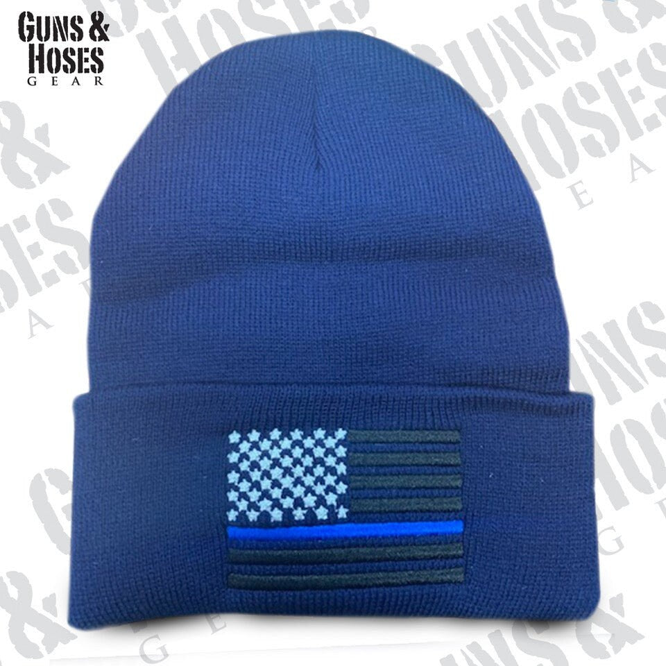 USA Flag Blue Line Embroidered Beanie